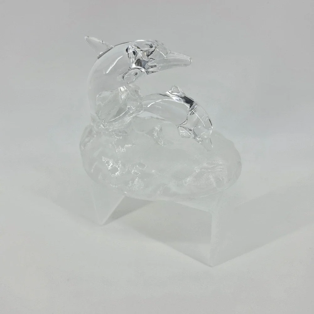 Clear Frosted Glass Double Dolphin Figurine Leaping Ocean Wave Coastal Decor